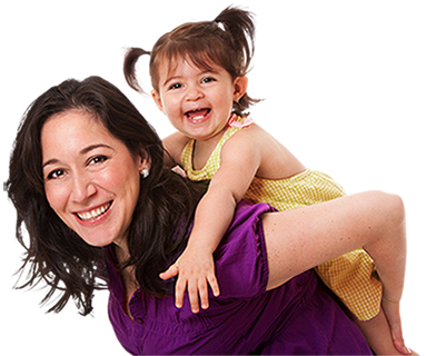 Happy, confident mother carrying toddler on her back