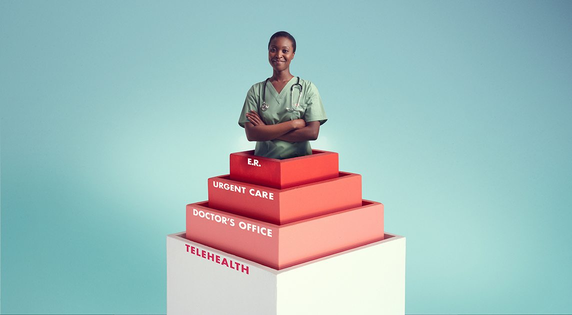 A medical professional stands on a tiered structure representing different options for kinds of care.