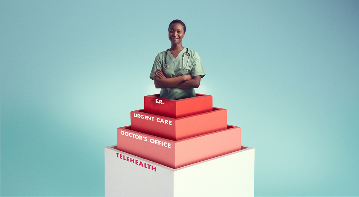 A medical professional stands on a tiered structure representing different options for kinds of care